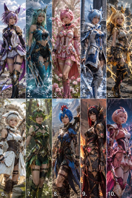 Grid of 10 distinct fantasy anime warrior character designs in themed elemental armored costumes