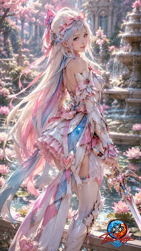 Pastel anime fantasy knight holding a decorative sword beside a sunlit cherry blossom garden fountain