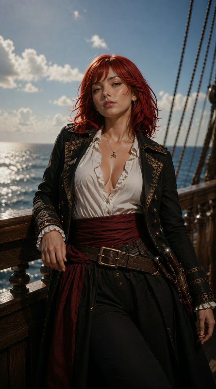 Red haired female pirate captain leans on a tall ship's deck railing overlooking sunlit open ocean