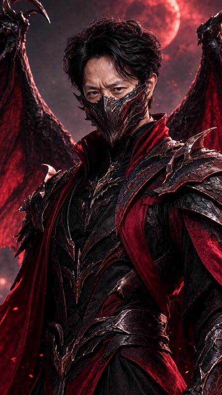 Masked dark fantasy dragon knight stands beneath a glowing crimson blood moon