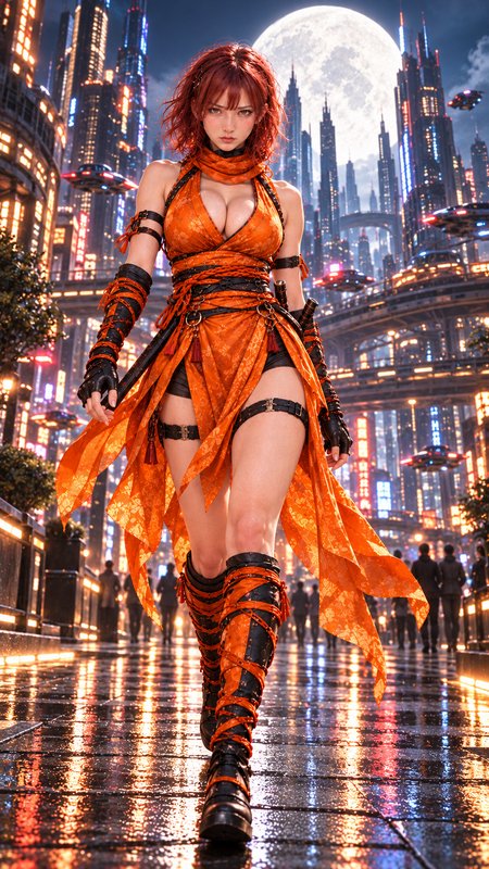 Red haired female ninja in orange combat attire walks through a glowing cyberpunk city under a full moon