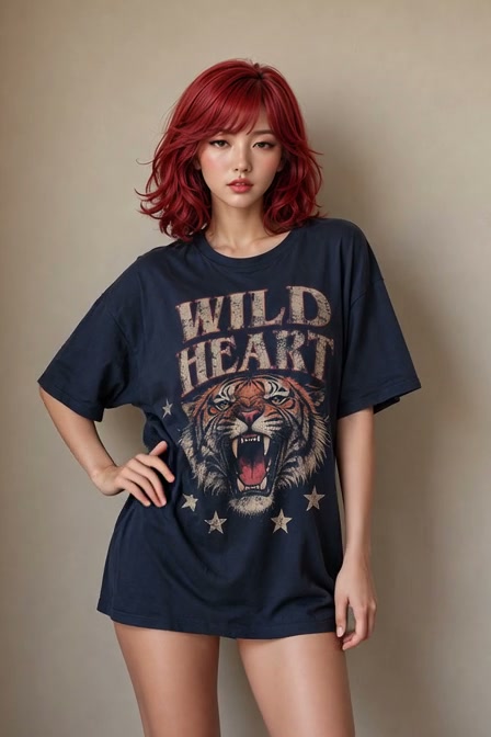 Young woman with wavy red hair wears an oversized navy 'Wild Heart' tiger print graphic t-shirt a...