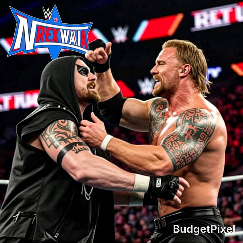 WWE-style clash between a masked, hooded wrestler and a tattooed, muscular opponent in the ring.