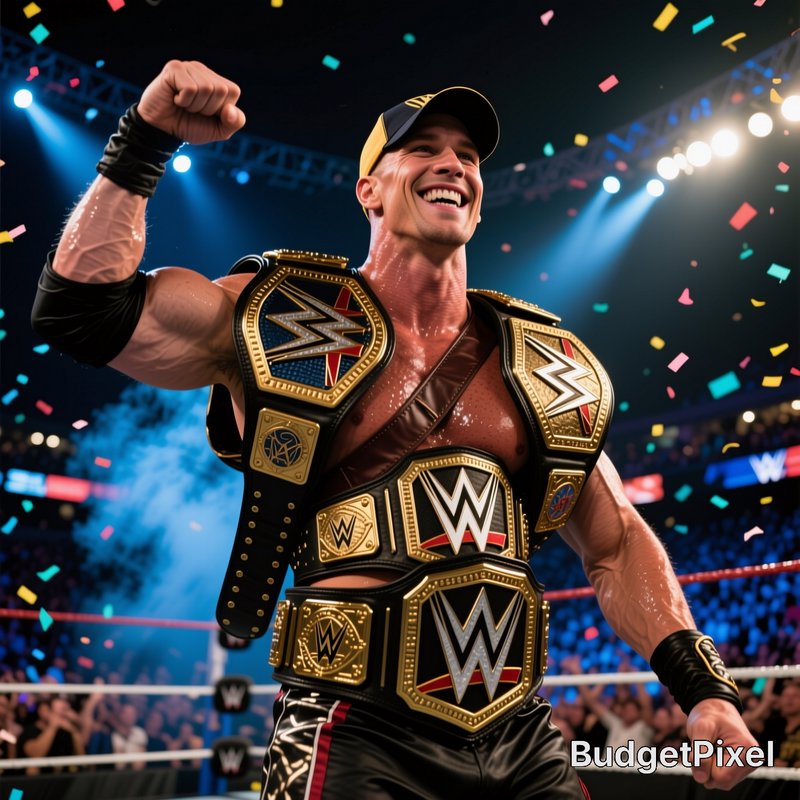 Smiling professional wrestler with multiple WWE championship belts in a arena, confetti flying.