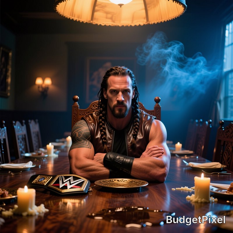 Muscular bearded man with long braids sits at a candlelit dining table with a WWE championship belt.