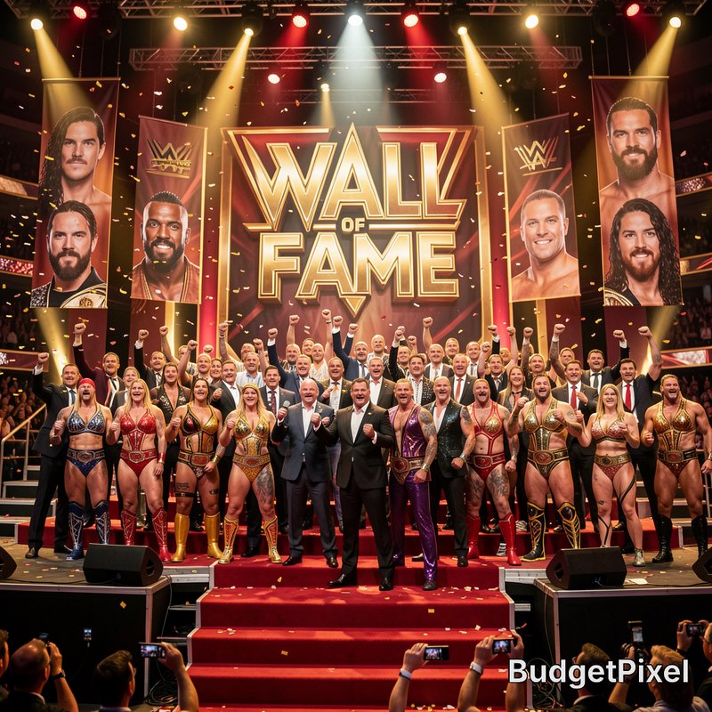 "WWE Wall of Fame induction ceremony: pro wrestlers and executives pose on stage with falling cel...