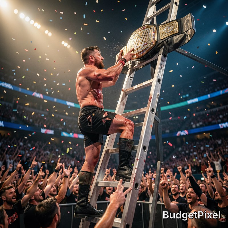 Battered pro wrestler climbs a ladder to claim the WWE championship belt, as confetti falls over ...