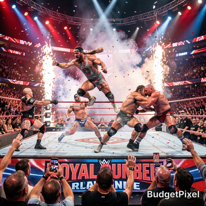 Live WWE Royal Rumble pro wrestling match: wrestlers compete in the ring, with pyrotechnics, conf...