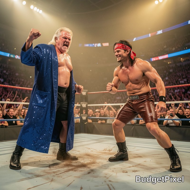 Two professional wrestlers face off with raised fists in a lit wrestling ring, cheering arena cro...