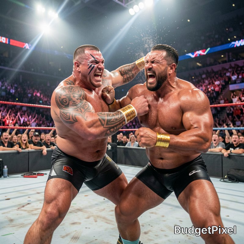 Two muscular pro wrestlers exchange heavy punches mid-match in a lit wrestling ring, as excited f...