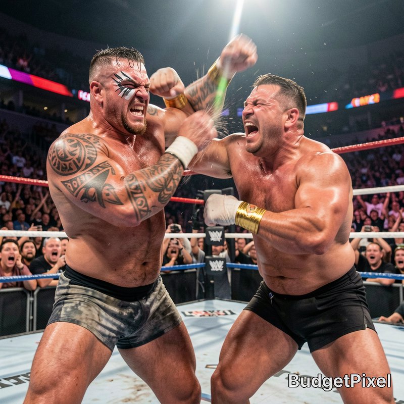 Two muscular pro wrestlers trade punches mid-battle in a lit wrestling ring, cheering arena crowd...