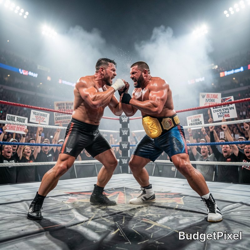 Two muscular pro wrestlers face off mid-clash in a WWE ring, one wearing a gold heavyweight title...
