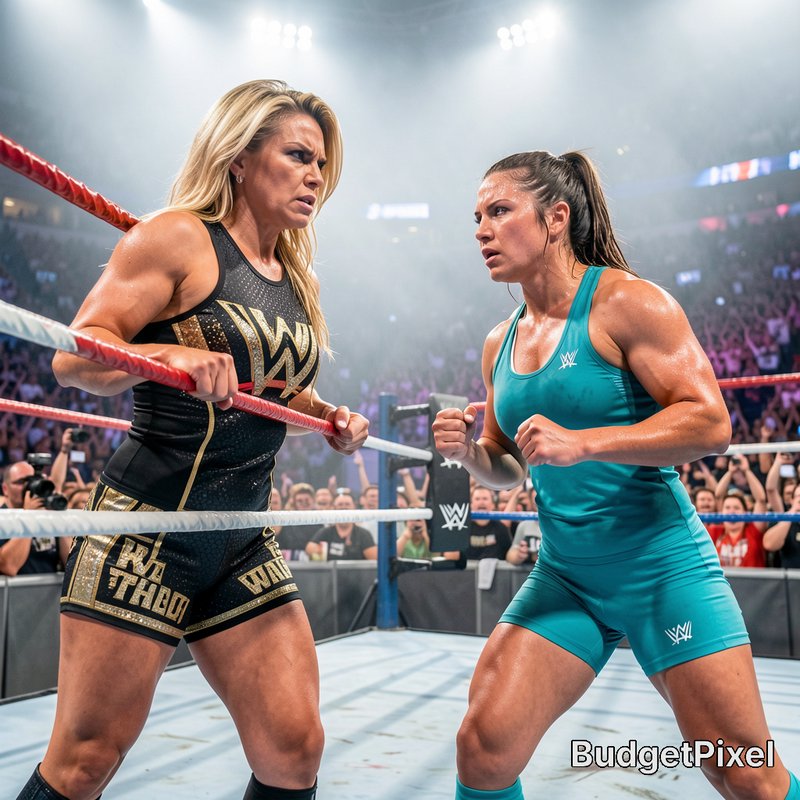 Two intense female pro wrestlers face off staring each other down inside a WWE wrestling ring bef...