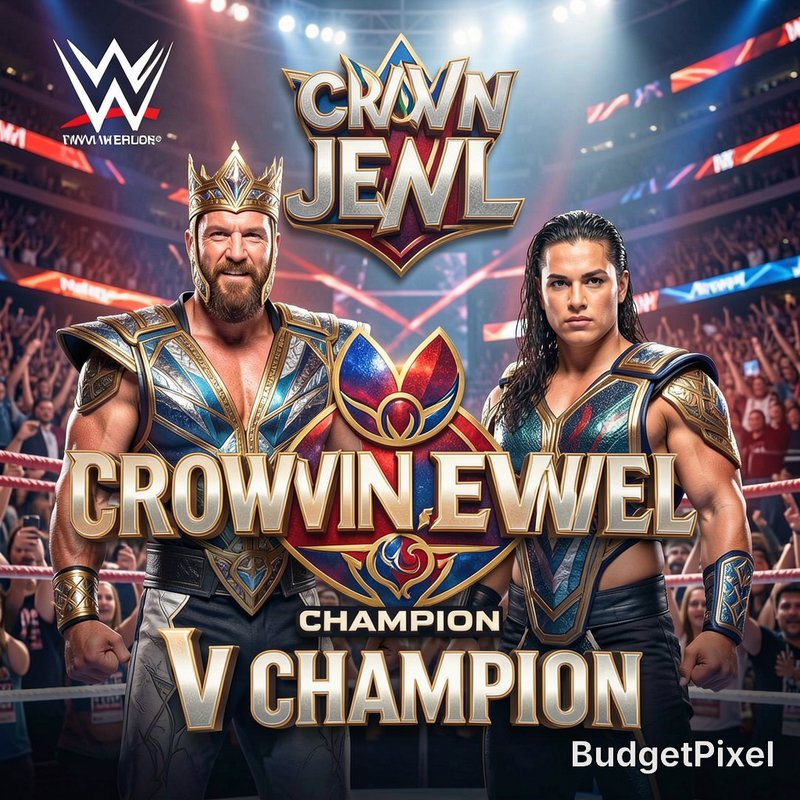 AI-generated parody WWE Crown Jewel poster of two armored pro wrestlers in a packed lit wrestling...