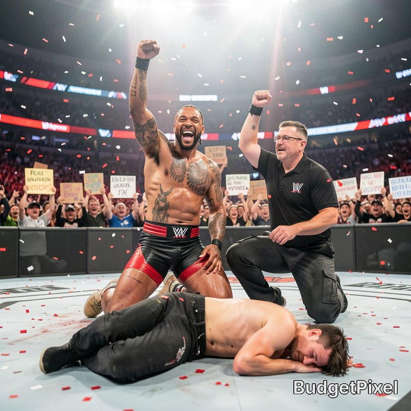 Triumphant tattooed pro wrestler celebrates ring victory as referee raises his fist, defeated opp...