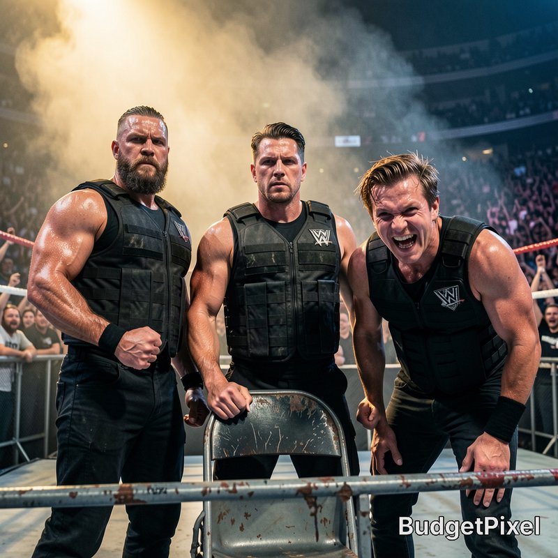 Three muscular pro wrestlers in matching black tactical vests stand menacing in a wrestling ring ...