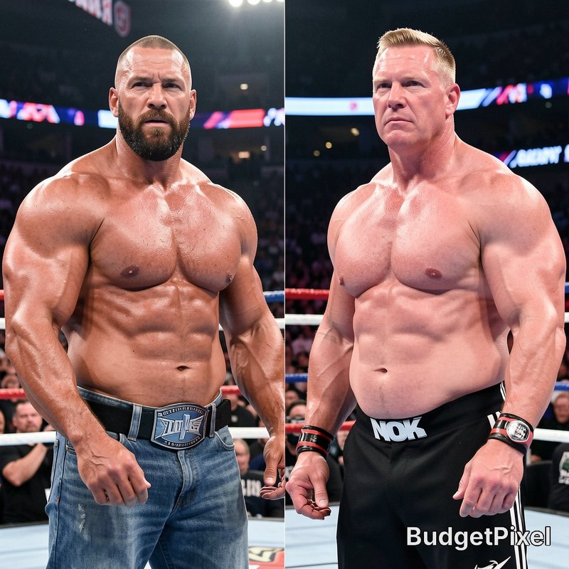Side-by-side composite of two shirtless muscular pro wrestlers standing inside a professional wre...