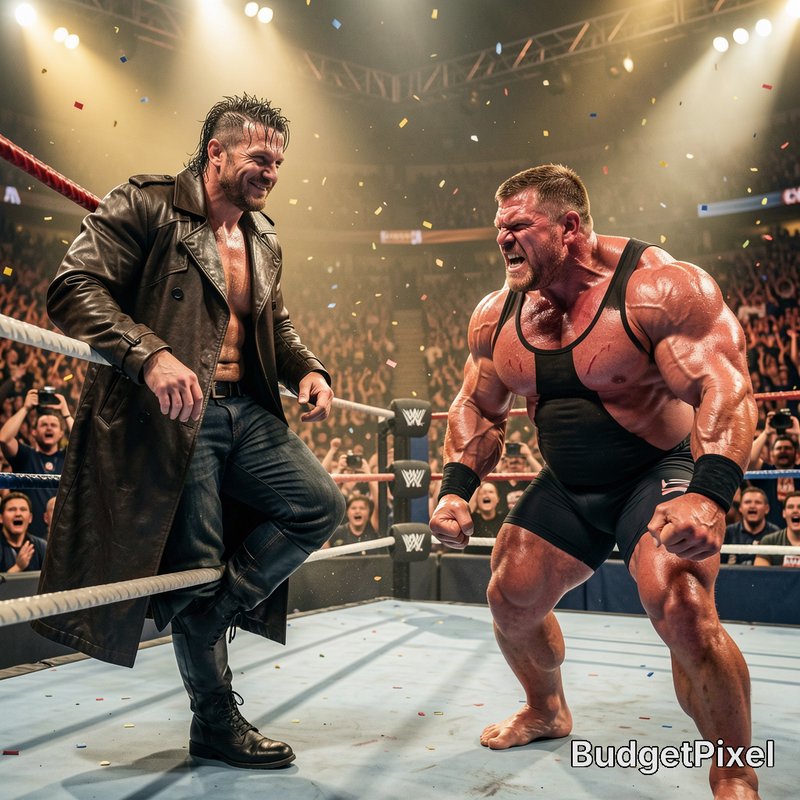Two pro wrestlers face off dramatically in a WWE wrestling ring under bright arena spotlights wit...