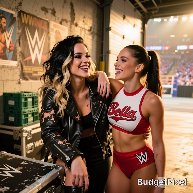 Two smiling female pro wrestlers share a warm friendly moment backstage near a lit wrestling ring
