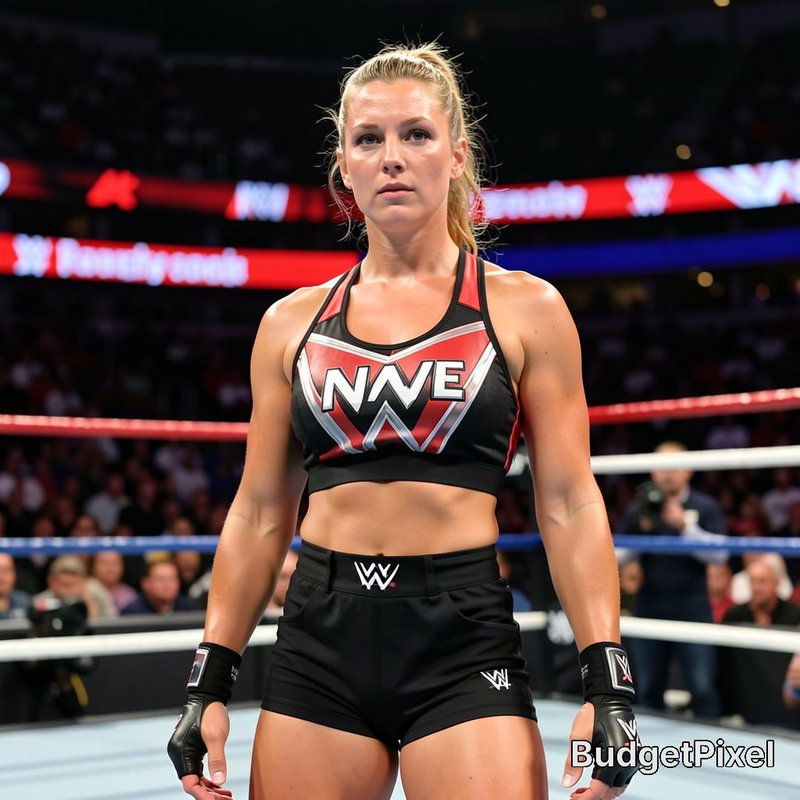 Muscular female professional wrestler stands confidently in a wrestling ring at a live televised ...
