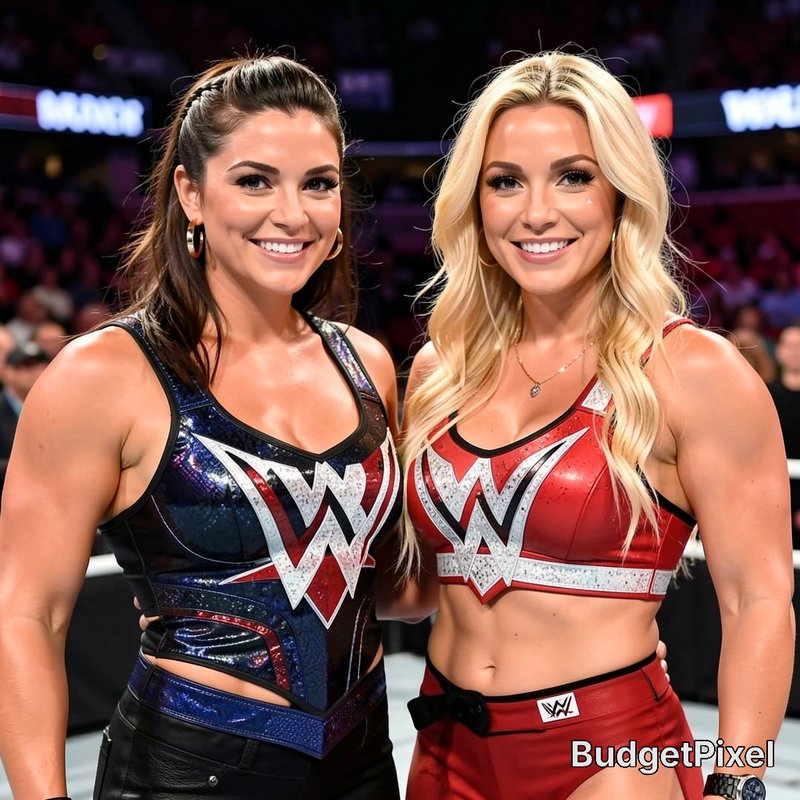 Two smiling female professional wrestlers in WWE branded ring attire stand side by side inside a ...