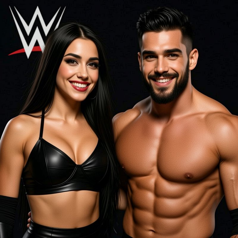 Athletic male and female WWE wrestling couple smiling side by side in front of the official WWE logo