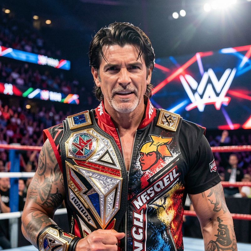 Veteran pro wrestling champion stands in a WWE ring wearing an ornate championship title belt.