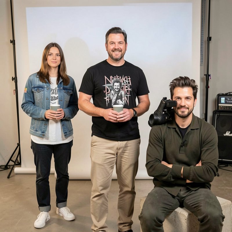 Three smiling creative team members posing together in a professional photography studio