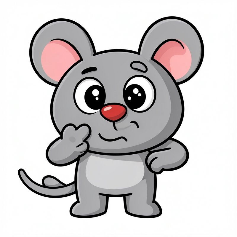 Confused cute gray cartoon mouse scratches its cheek against a plain white background