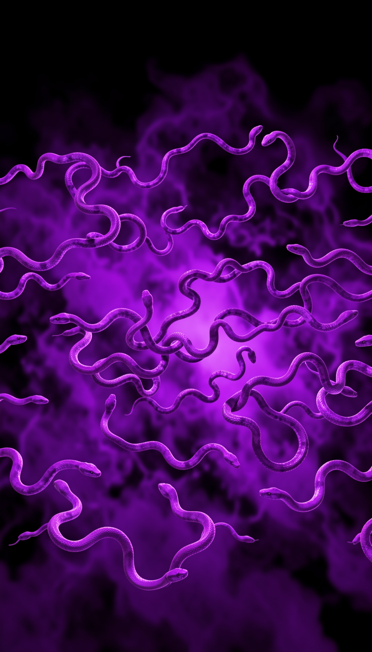 Abstract neon purple squiggly strands dancing across a dark background