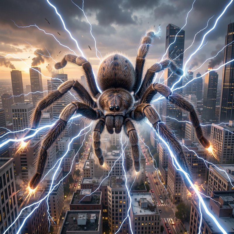 Giant hairy spider looming over a city skyline amid a dramatic lightning storm.