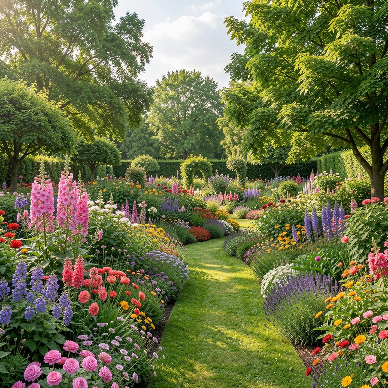 Sunny formal garden with a winding lawn path edged by colorful flower borders and tall trees.