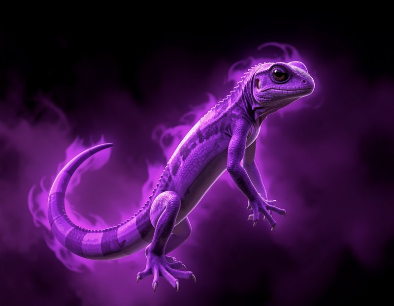 Purple dragon-like lizard with glowing purple flames on a dark background