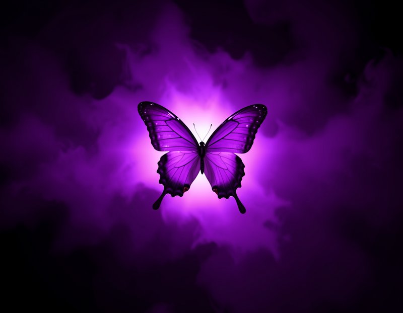 Purple butterfly silhouette glowing with a neon purple halo against a dark background
