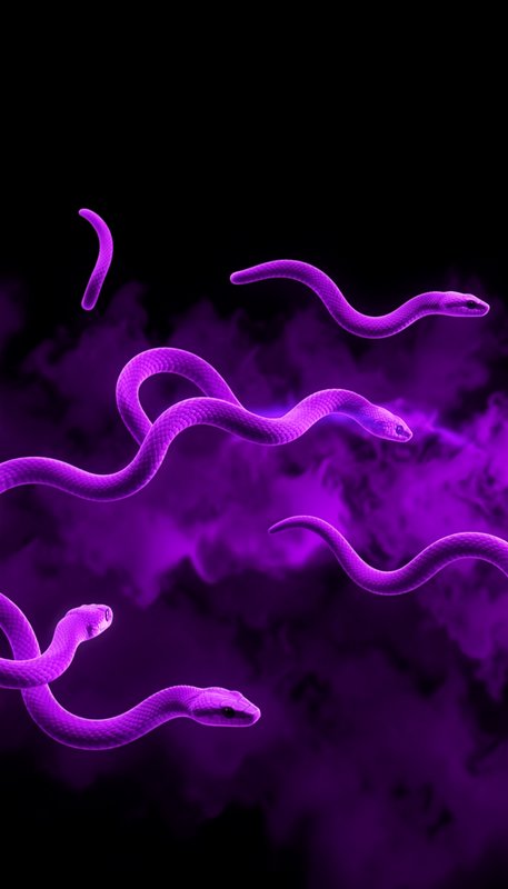 Neon purple snakes swirling through dark smoke and mist in a digital art scene
