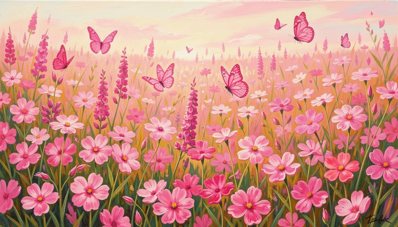 Pink flower meadow with butterflies against a soft sunset sky in pastel colors