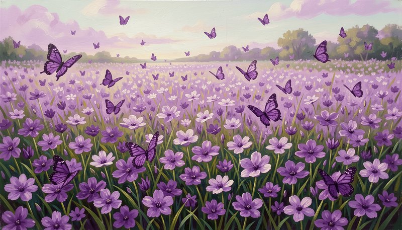Purple wildflower field with fluttering purple butterflies under a soft pink sky.