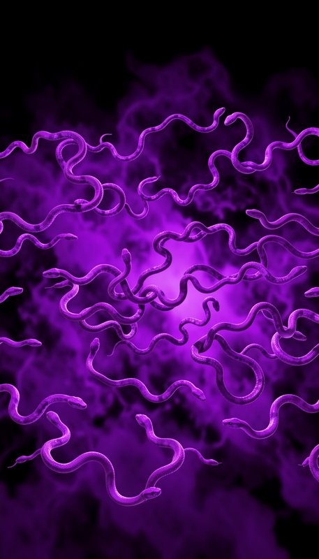 Abstract neon purple squiggly strands dancing across a dark background