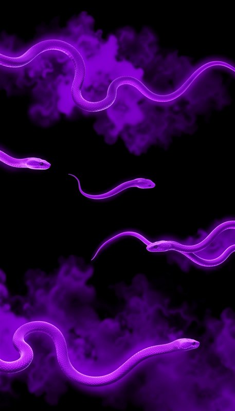 Glowing neon purple snakes floating through wispy violet smoke on a solid black background, surre...