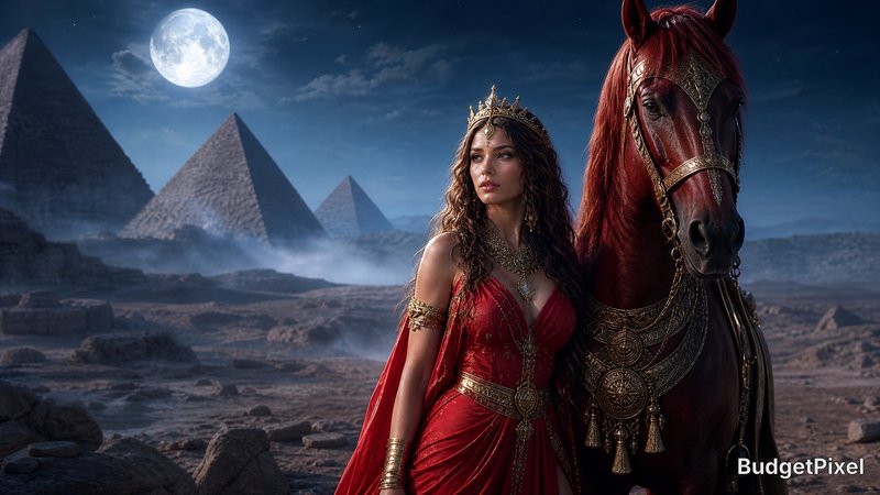 Regal woman in red gown with crown beside a horse under a full moon with pyramids in desert