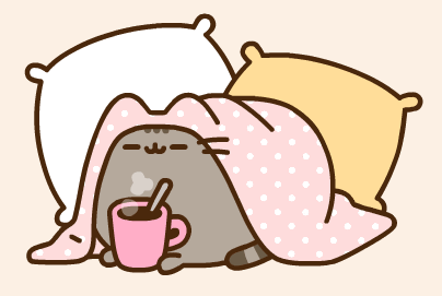 Cute cartoon cat tucked under a pink polka-dot blanket with pillows, sipping a drink.