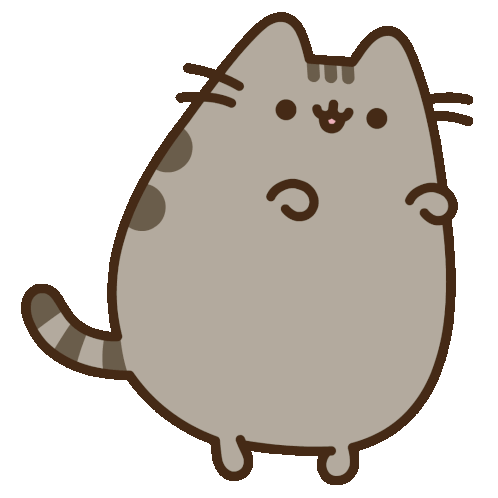 Cute beige cartoon cat with stripes, smiling and waving.