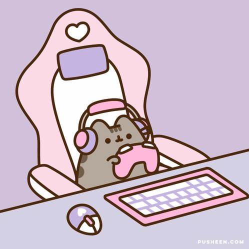 Cute cartoon mouse wearing headphones at a pink desk with a keyboard.