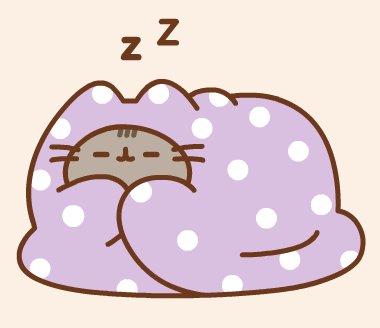 Cute cartoon cat sleeping under a purple polka-dot blanket