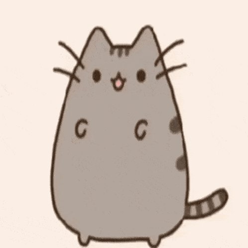 Cute gray cartoon cat with a round body, small face, whiskers, and striped tail on a pastel backg...