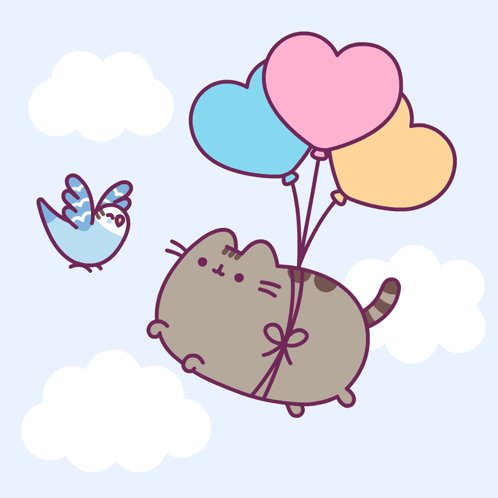 Cute gray cat floating with heart-shaped balloons in pastel sky