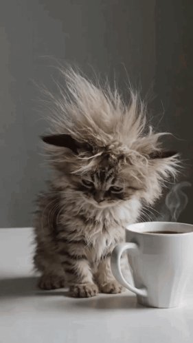 Groggy fluffy longhair kitten with wild static fur sits next to a steaming white coffee mug on a ...