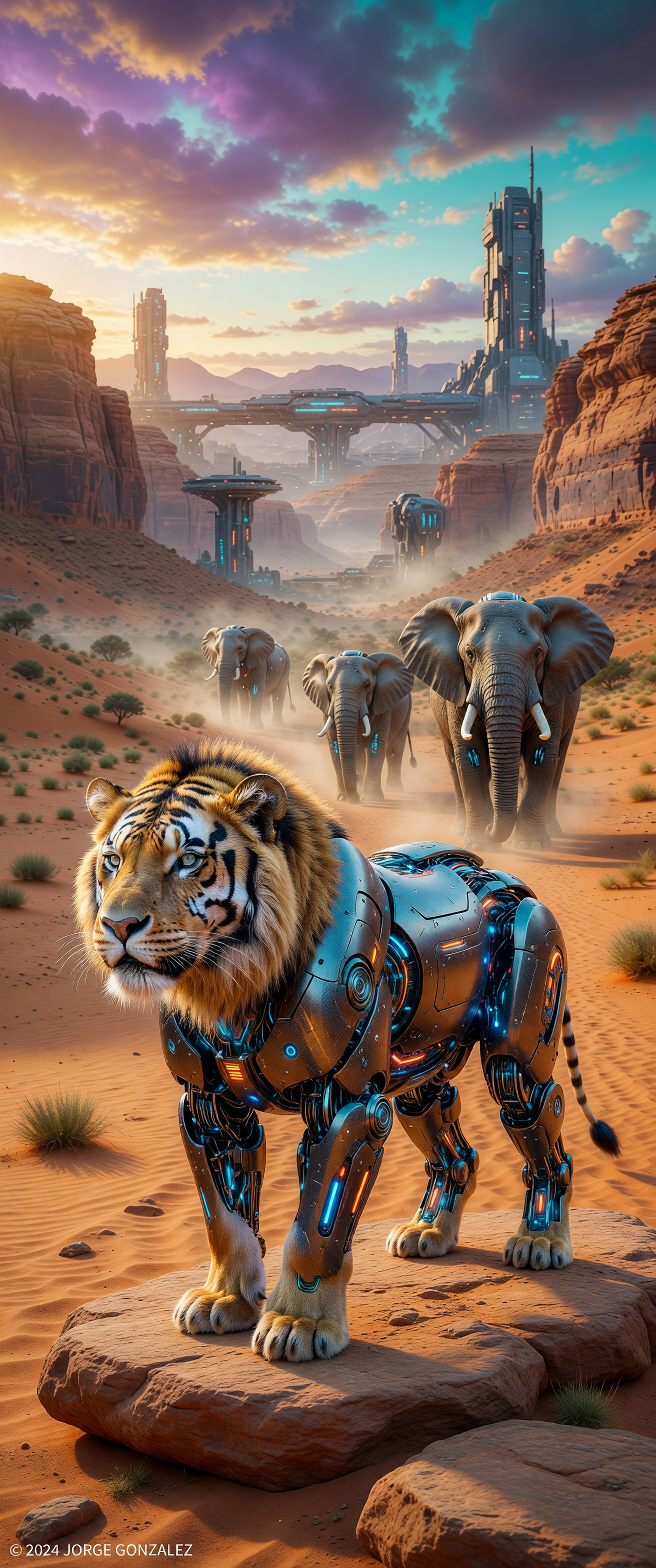 Robotic tiger in a high-tech suit leads cybernetic elephants across a desert canyon.