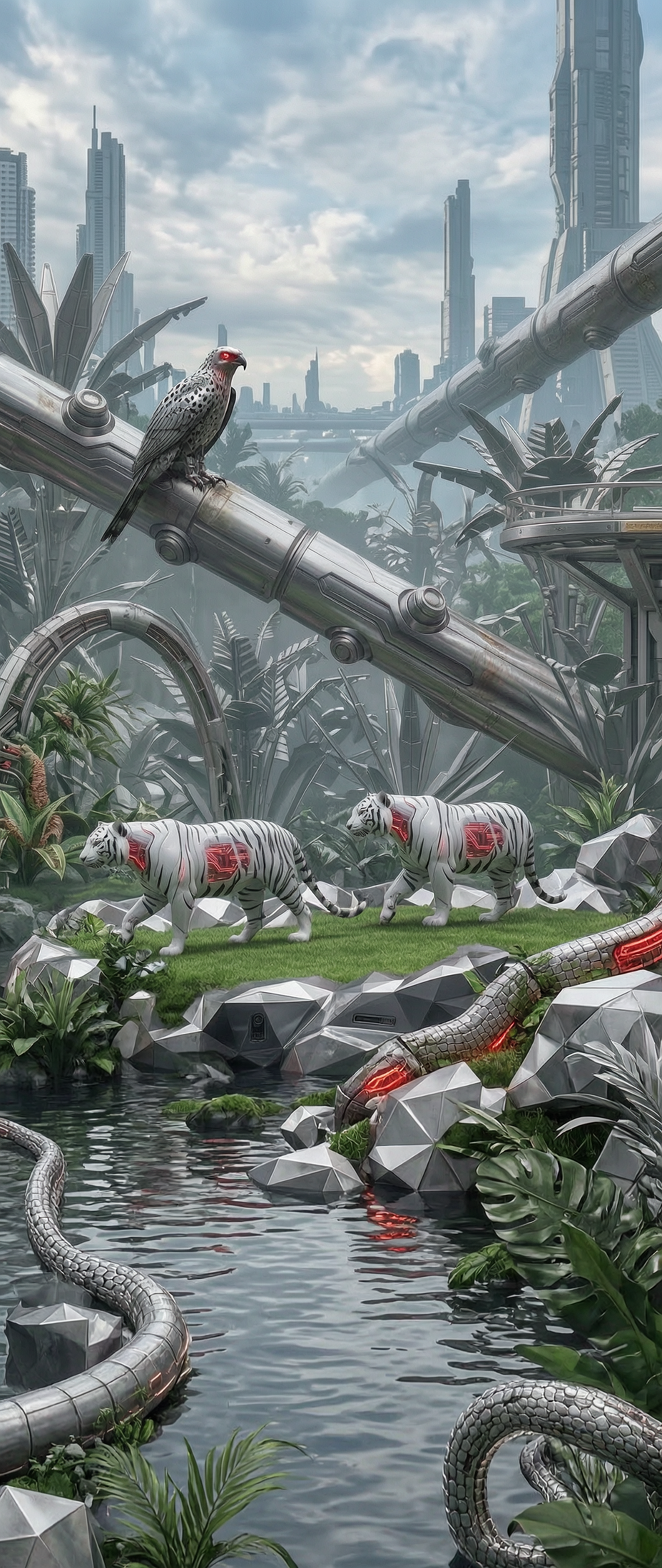 Futuristic urban jungle with metallic pipes, tropical plants, and wildlife like snakes and white tigers.