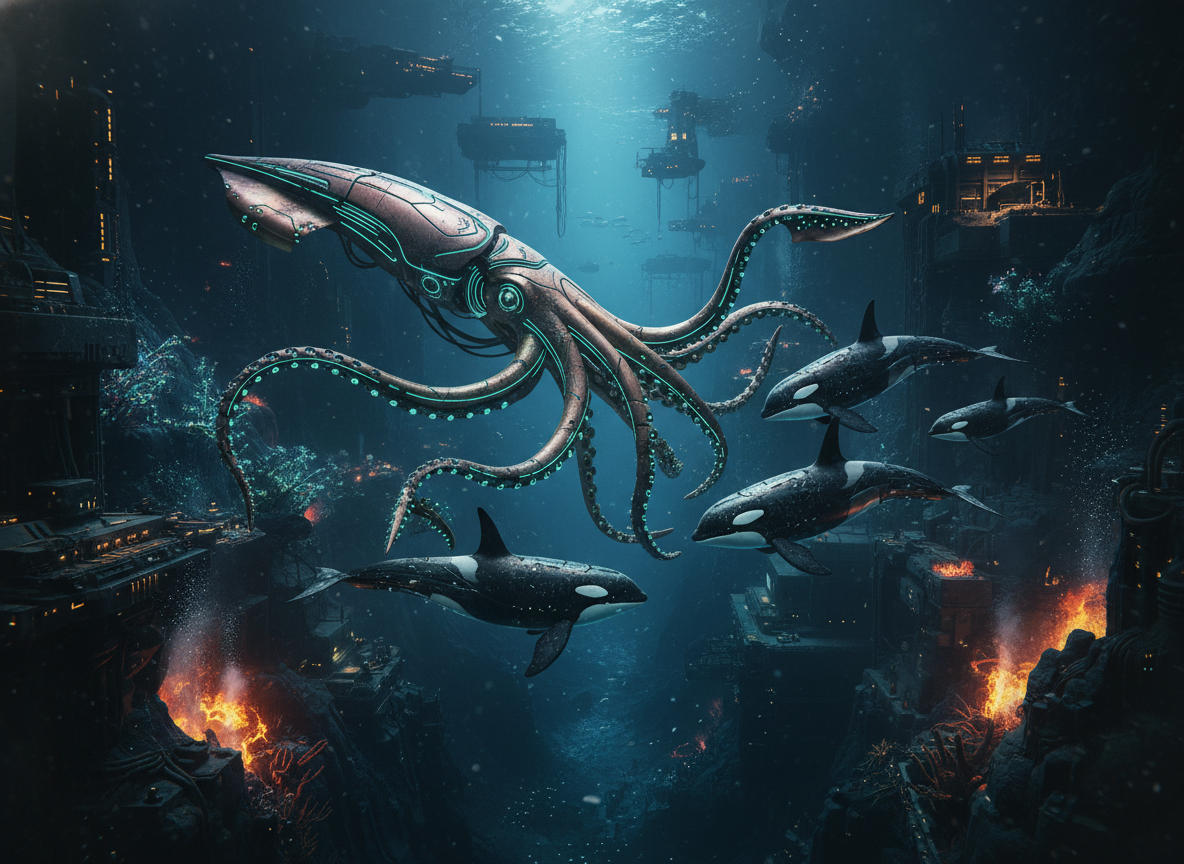 Underwater sci-fi cityscape with a giant squid-like creature and orca whales swimming among ruins